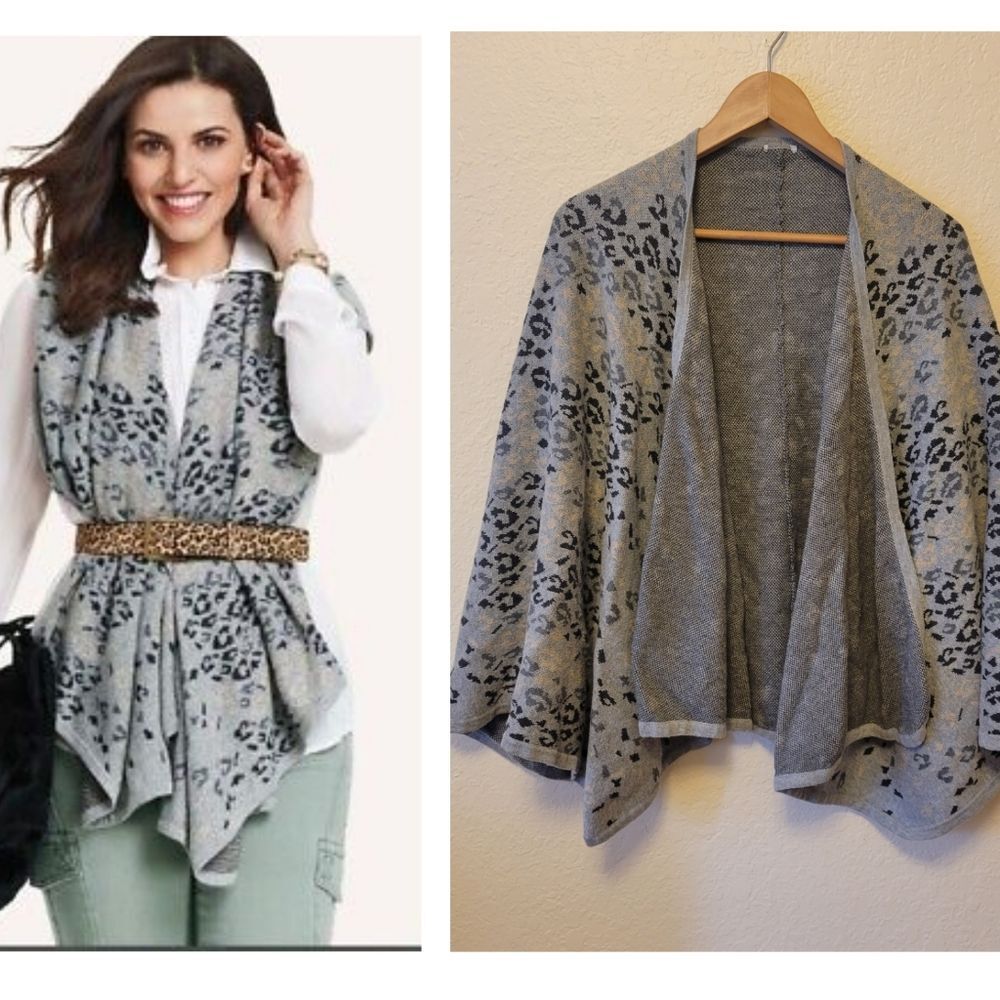 CAbi | Gigi Cape Grey Leopard Print Shawl Wrap Poncho OS Mob Wife Bohemian Chic